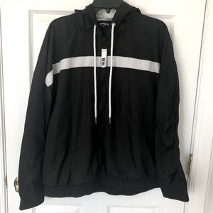Bebe Women's Black Hooded Outdoor Mid Length Classic Wind Breaker Jacket Size XL